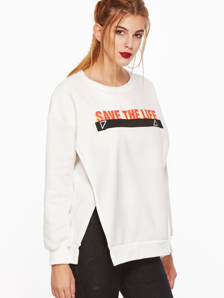 Shein White Letter Print Slit Side Patch Sweatshirt