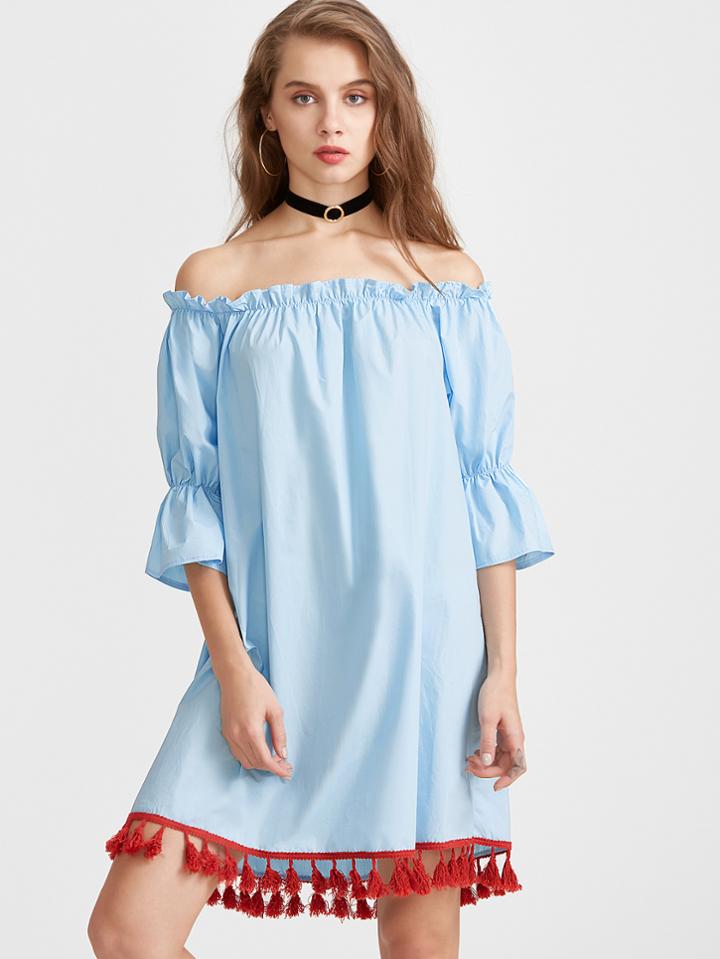 Shein Blue Off The Shoulder Fringe Hem Dress