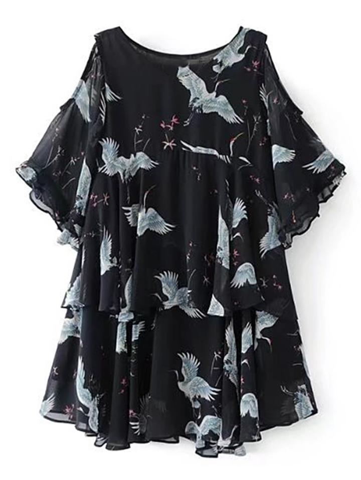 Shein Open Shoulder Bell Sleeve Ruffle Layered Dress