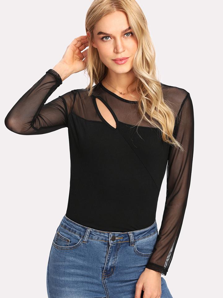Shein Cut Out Front Mesh Contrast Tee