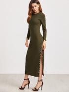 Shein Dark Green High Slit Buttons Trim Dress