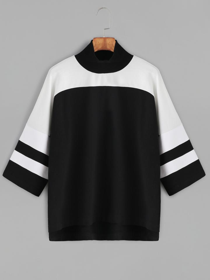 Shein Contrast Ribbed High Neck Drop Shoulder High Low T-shirt