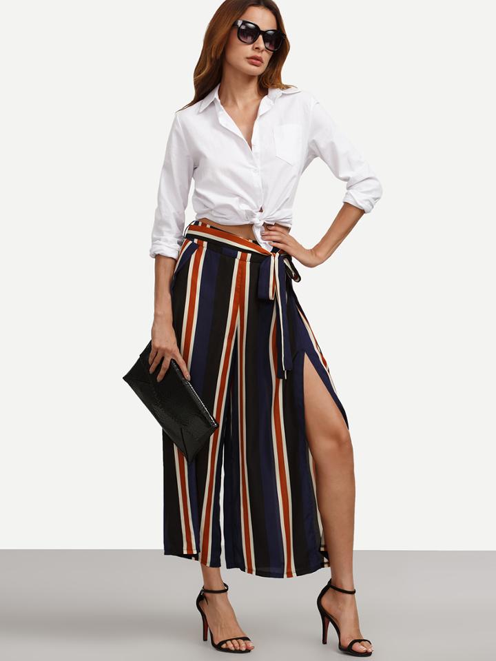 Shein Multicolor Striped Tie Waist Split Wide-leg Pants