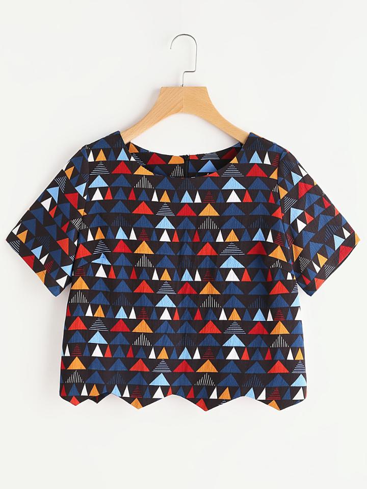 Shein Geo Print Zip Back Zig Zag Hem Top