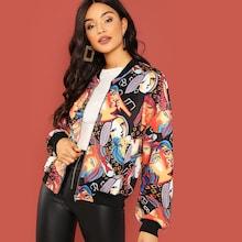 Shein Zip Up Figure Print Bomber Jacket