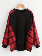 Shein Contrast Tartan Drop Shoulder Dip Hem Sweatshirt
