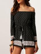 Shein Black Off The Shoulder Polka Dot Print Drawstring Romper