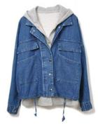 Shein Navy Hooded Long Sleeve Drawstring Denim Outerwear