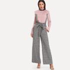 Shein Belted Frill Waist Grid Pants With Strap