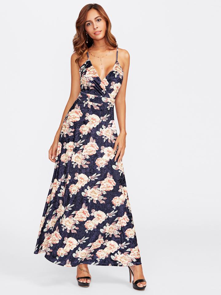 Shein Crisscross Back Surplice Floral Velvet Cami Dress