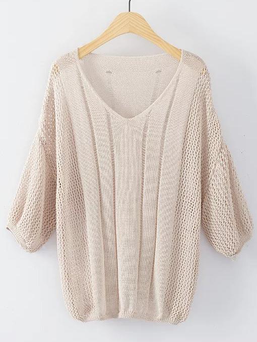 Shein Khaki V Neck Elastic Cuff Knitwear