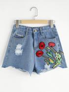 Shein Embroidered Patch Ripped Raw Hem Denim Shorts