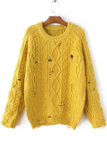 Shein Yellow Cable Knit Ripped Raglan Sleeve Sweater