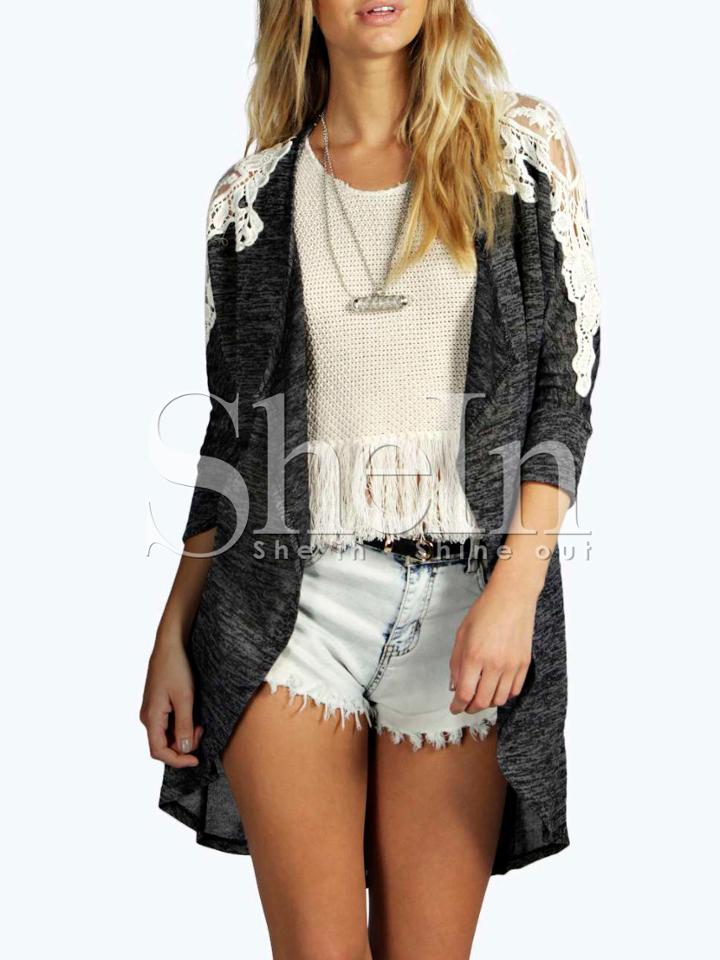 Shein Grey Long Sleeve Contrast Lace Knit Cardigan