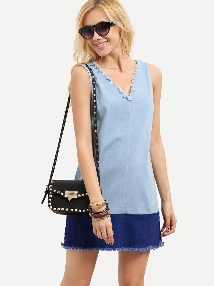 Shein Blue Sleeveless V Neck Shift Fringe Dress