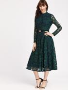 Shein Dark Green Floral Lace Overlay Dress With Belt