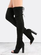 Shein Black Suede Peep Toe Chunky Heel Over The Knee Boots