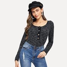 Shein Raglan Sleeve Buttoned Marled Sleeve Top
