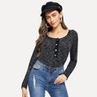 Shein Raglan Sleeve Buttoned Marled Sleeve Top