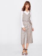 Shein Tartan Plaid Tie Waist Wide Leg Jumpsuit