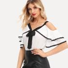 Shein Tie Neck Lace Trim Ruffle Cold Shoulder Top