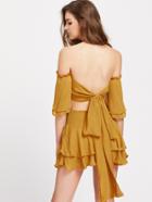 Shein Bardot Tie Back Frill Trim Crop Top With Layered Skirt