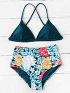 Shein Flower Print High Waist Crisscross Mixed And Match Bikini Set