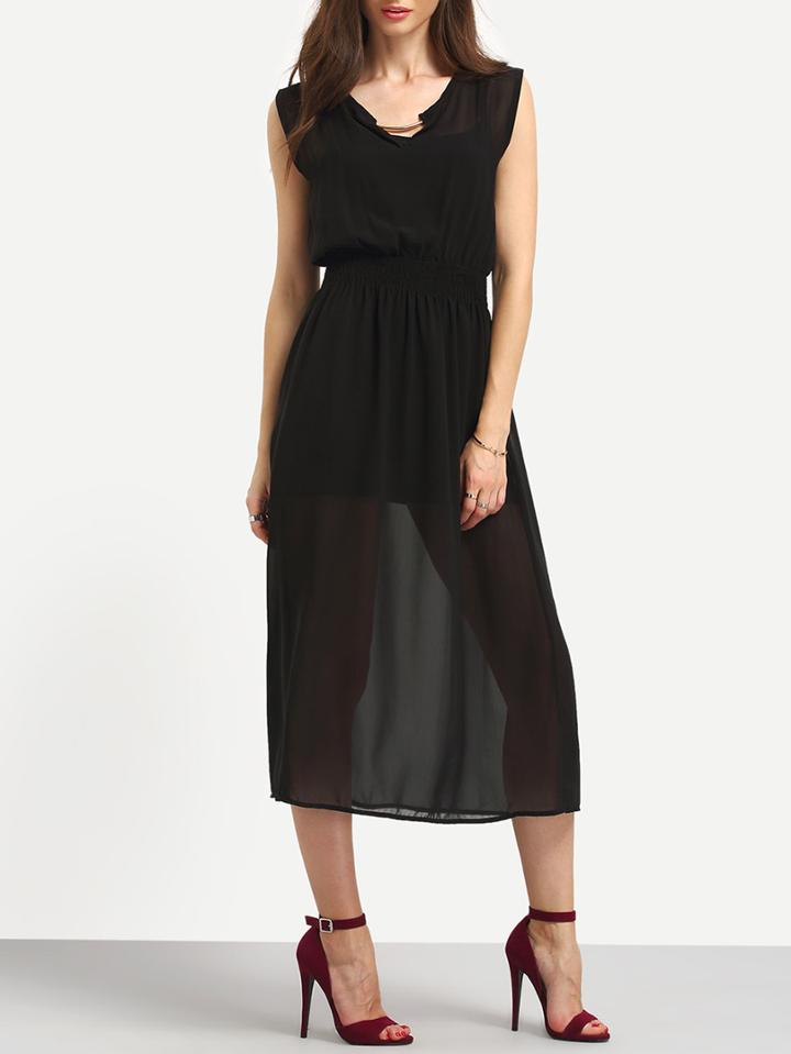 Shein Black Chiffon Cut Out Dress With Cami Dress