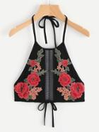 Shein Ladder Lace Insert Embroidered Flower Patch Halter Top