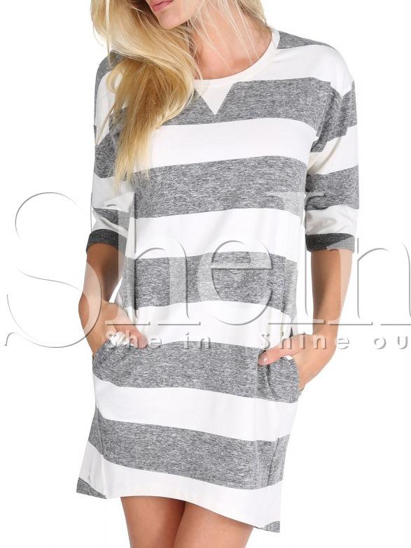 Shein Grey White Banded Half Sleeve Chambray Stripy Fringes Stria Striped Dress