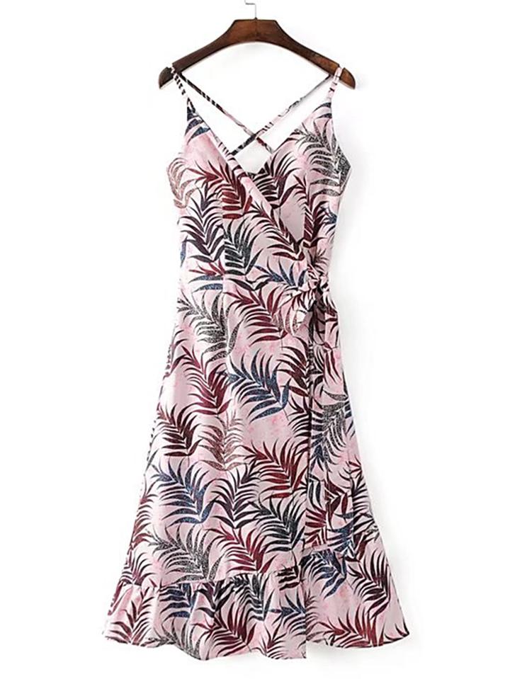 Shein Criss Cross Back Tie Waist Ruffle Hem Wrap Dress