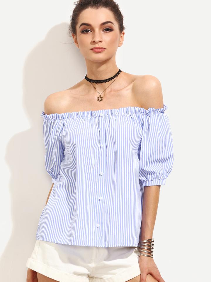 Shein Blue Vertical Striped Buttoned Front Off The Shoulder Blouse