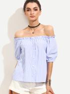 Shein Blue Vertical Striped Buttoned Front Off The Shoulder Blouse