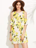 Shein Lemon Print Cold Shoulder Buttoned Keyhole Dress