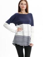 Shein Navy White Striped Round Neck Color Block Casual T-shirt
