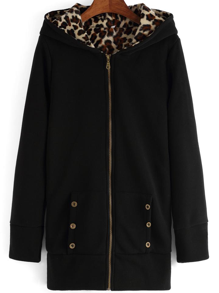 Shein Black Hooded Leopard Buttons Casual Sweatshirt