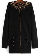 Shein Black Hooded Leopard Buttons Casual Sweatshirt