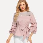 Shein Guipure Lace Yoke Gathered Sleeve Belted Top