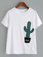 Shein White Round Neck Cactus Printed T-shirt