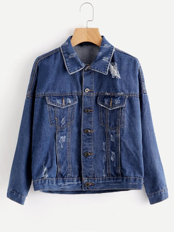 Shein Destroyed Letter Print Back Denim Jacket