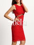Shein Bright Red See-through Insert Zipper Back Lace Dress