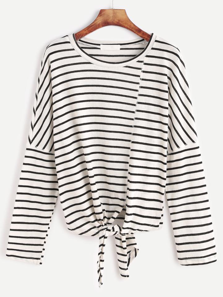 Shein Drop Shoulder Tie Front Striped T-shirt