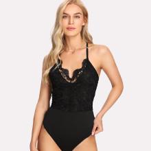 Shein Lace Crochet Contrast Tie Back Bodysuit