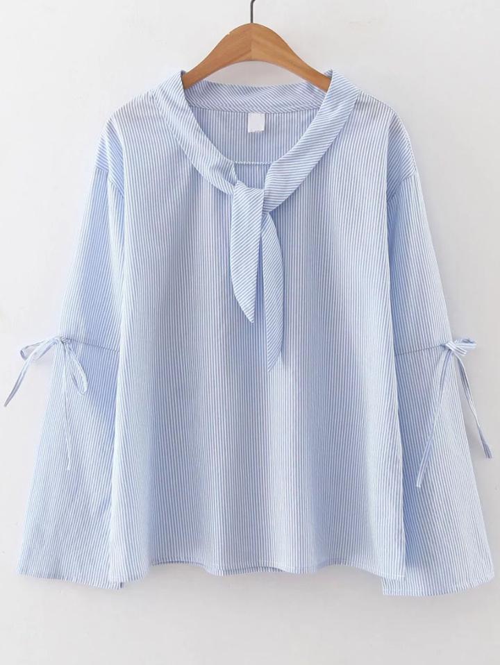 Shein Blue Vertical Striped Tie Front Bow Blouse
