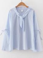 Shein Blue Vertical Striped Tie Front Bow Blouse