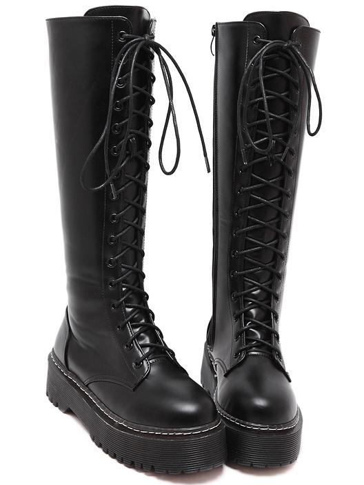 Shein Black Side Zipper Thick-soled Lace Up Knee Boots