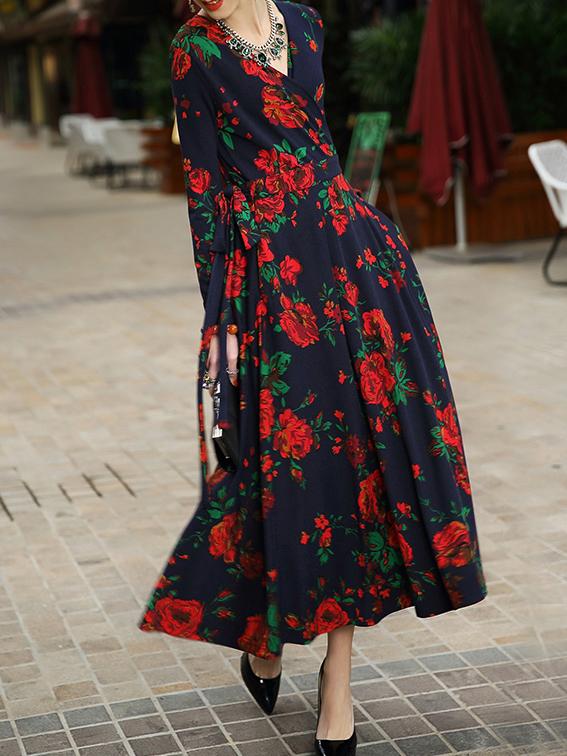 Shein Navy V Neck Flowers Print Maxi Dress