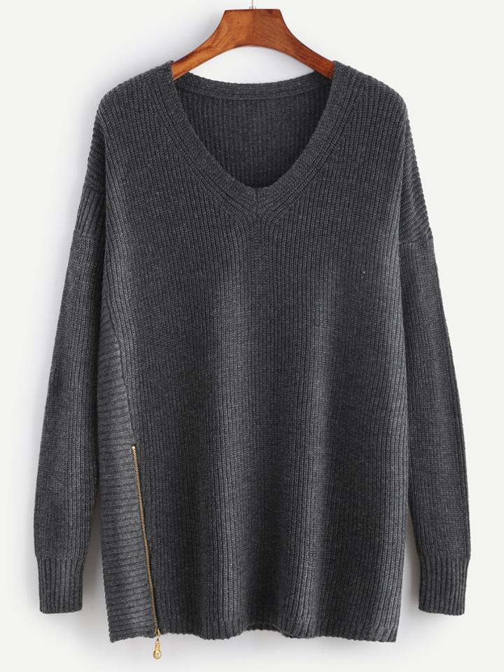 Shein Grey V Neck Pullover Sweater With Zip Detail