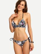 Shein Tropical Print Side-tie Bikini Set - Black