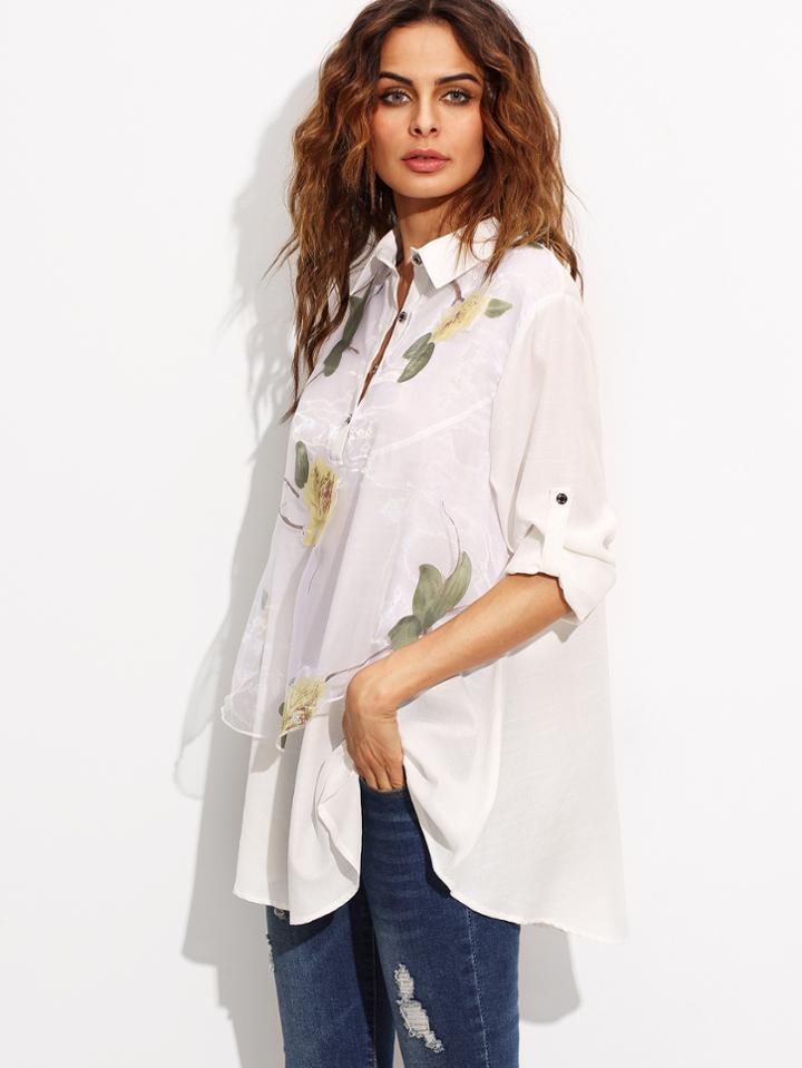 Shein White Floral Print Organza Overlay Blouse